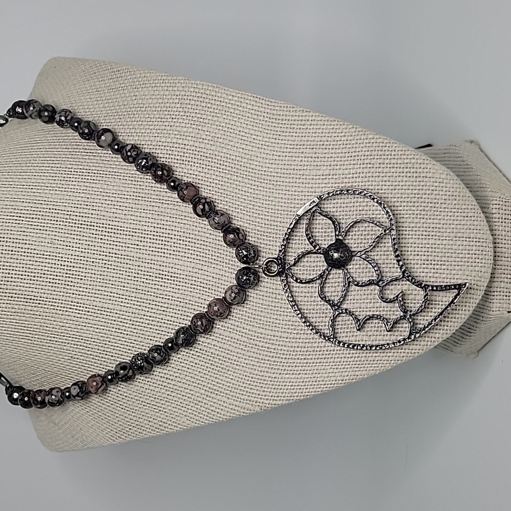 Grey Pink Zebra Jasper & Hematite Crystal Beaded Adjustable Handmade Necklace